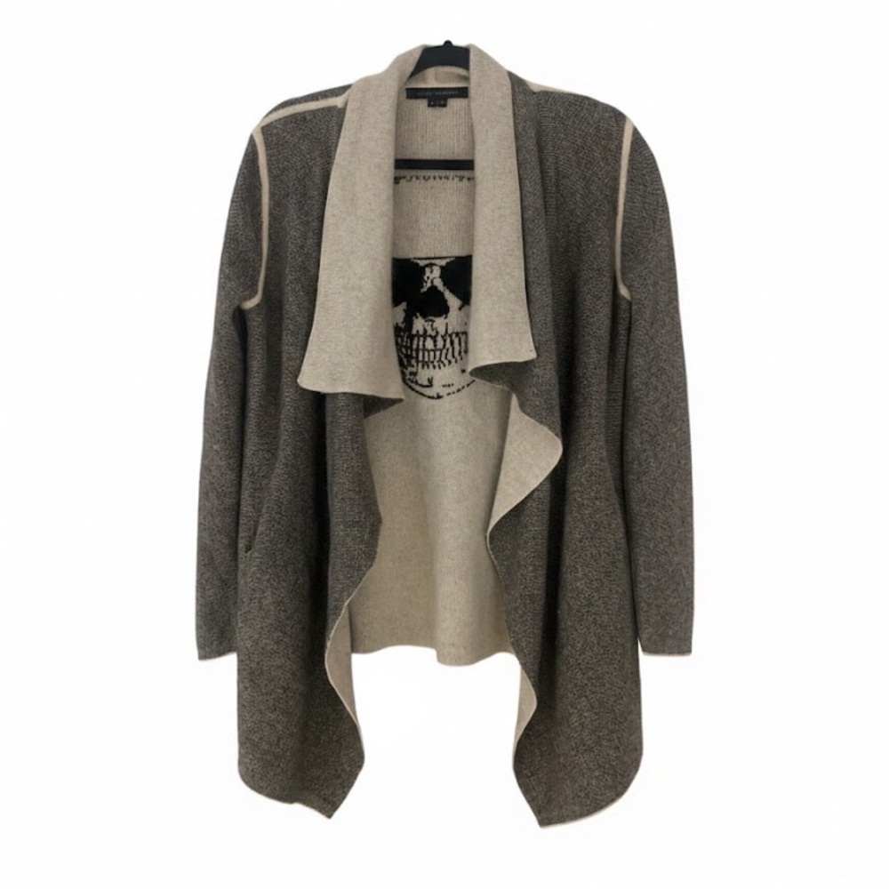 Skull Cashmere Open Front Cardigan Gray Black Off White Small